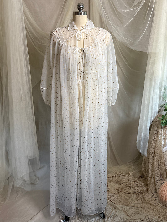 Vintage 1950's Nightgown & Peignoir Set - Sheer White Nylon Chiffon with Gold Stars by Carter's | XS, S
