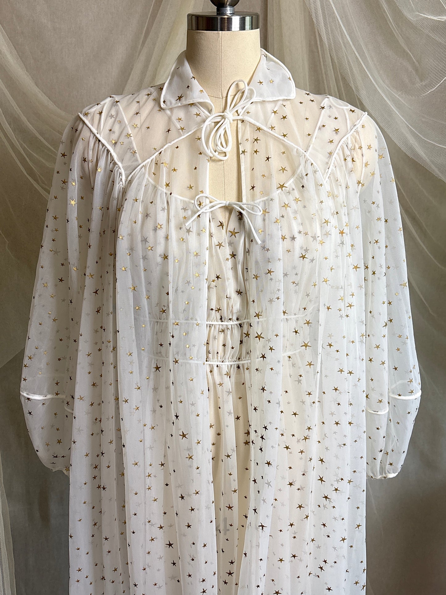Vintage 1950's Nightgown & Peignoir Set - Sheer White Nylon Chiffon with Gold Stars by Carter's | XS, S