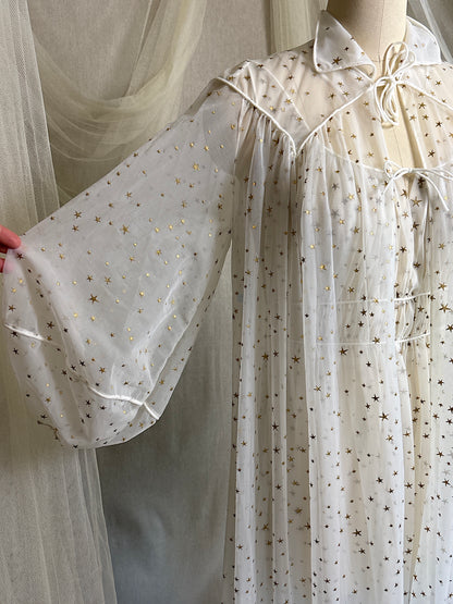 Vintage 1950's Nightgown & Peignoir Set - Sheer White Nylon Chiffon with Gold Stars by Carter's | XS, S