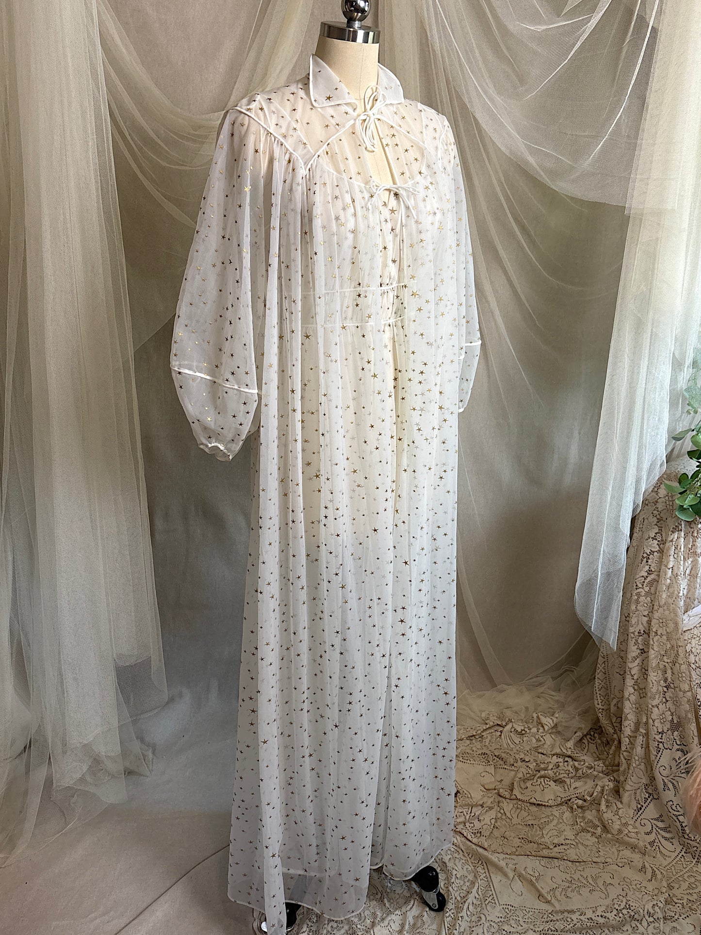Vintage 1950's Nightgown & Peignoir Set - Sheer White Nylon Chiffon with Gold Stars by Carter's | XS, S