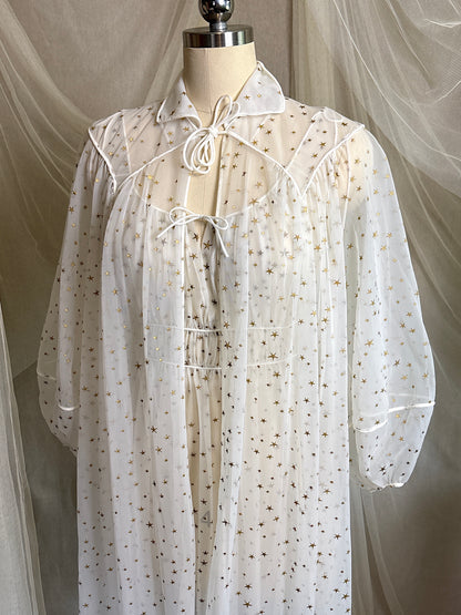 Vintage 1950's Nightgown & Peignoir Set - Sheer White Nylon Chiffon with Gold Stars by Carter's | XS, S