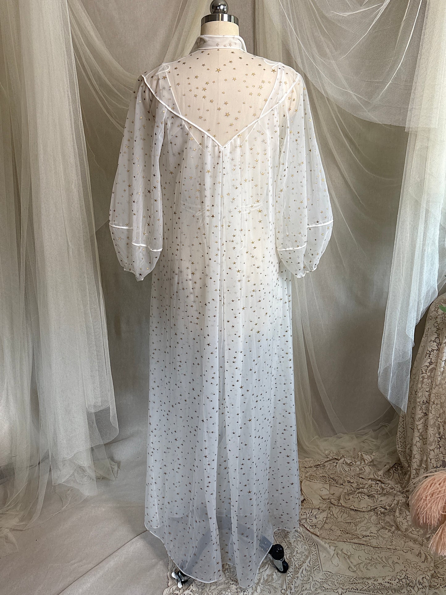 Vintage 1950's Nightgown & Peignoir Set - Sheer White Nylon Chiffon with Gold Stars by Carter's | XS, S