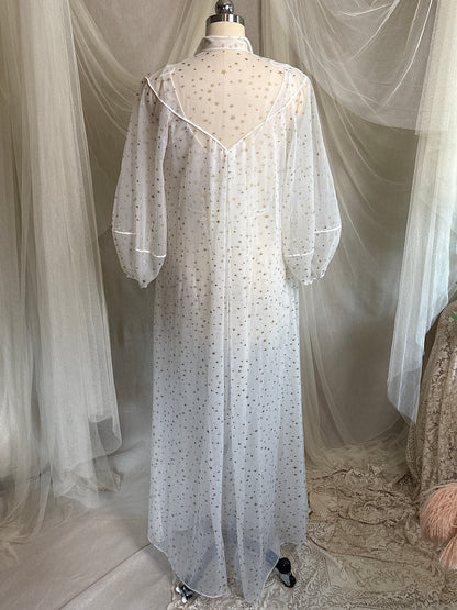 Vintage 1950's Nightgown & Peignoir Set - Sheer White Nylon Chiffon with Gold Stars by Carter's | XS, S