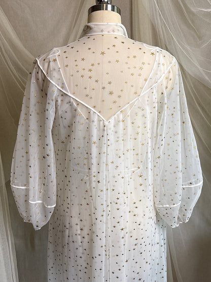 Vintage 1950's Nightgown & Peignoir Set - Sheer White Nylon Chiffon with Gold Stars by Carter's | XS, S