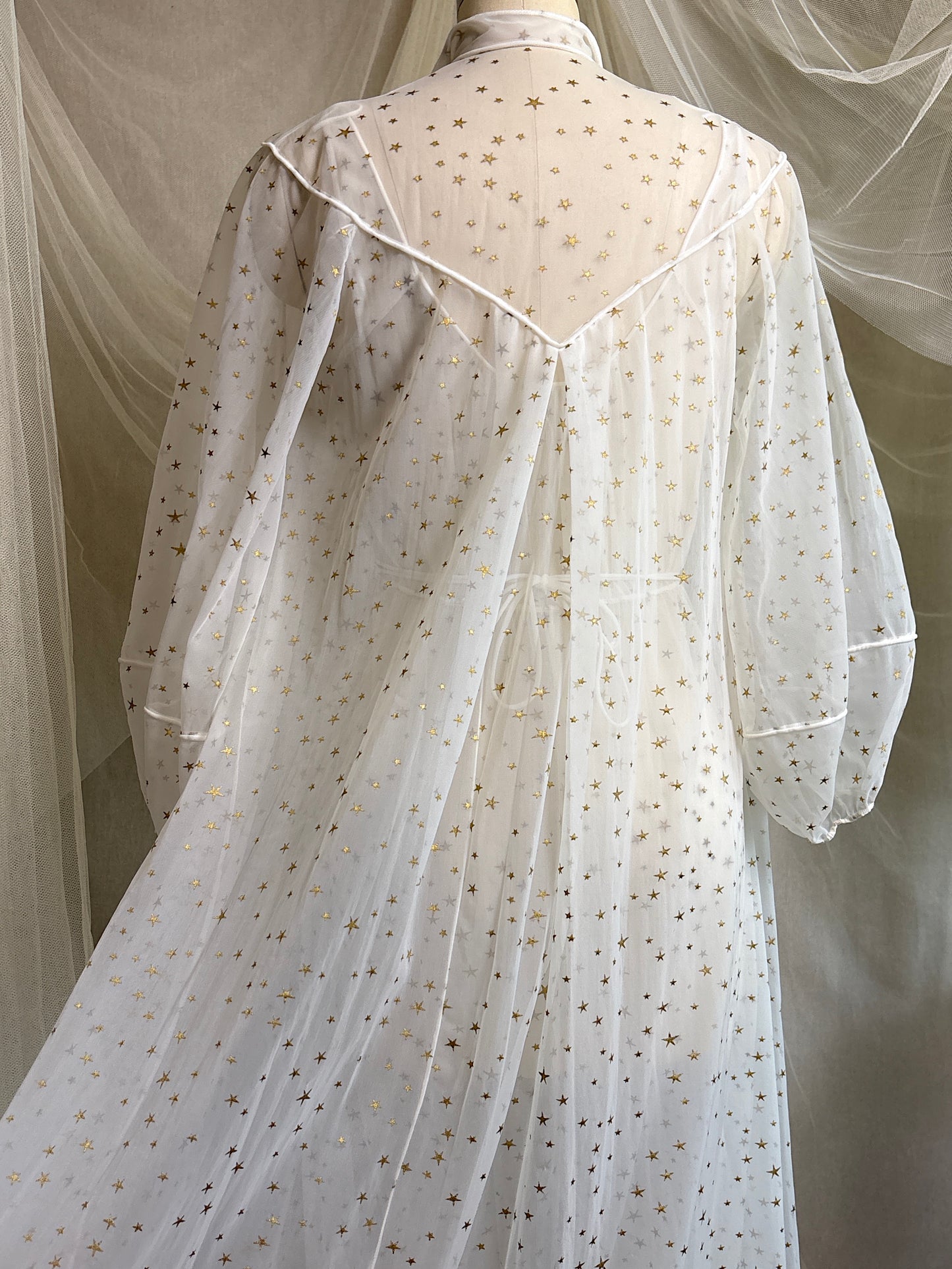Vintage 1950's Nightgown & Peignoir Set - Sheer White Nylon Chiffon with Gold Stars by Carter's | XS, S