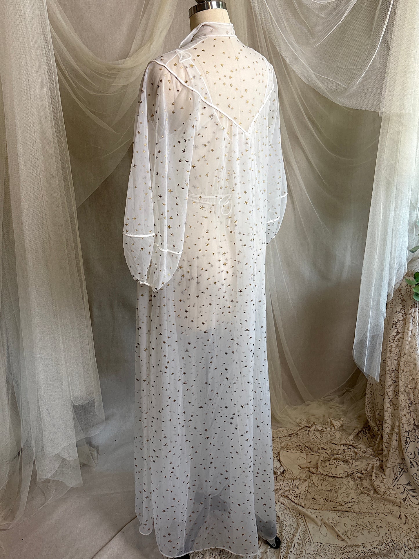 Vintage 1950's Nightgown & Peignoir Set - Sheer White Nylon Chiffon with Gold Stars by Carter's | XS, S
