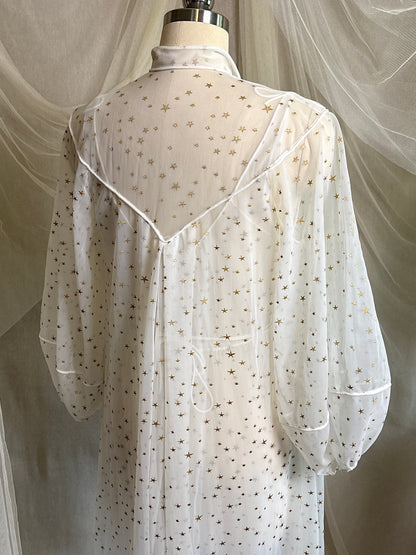 Vintage 1950's Nightgown & Peignoir Set - Sheer White Nylon Chiffon with Gold Stars by Carter's | XS, S