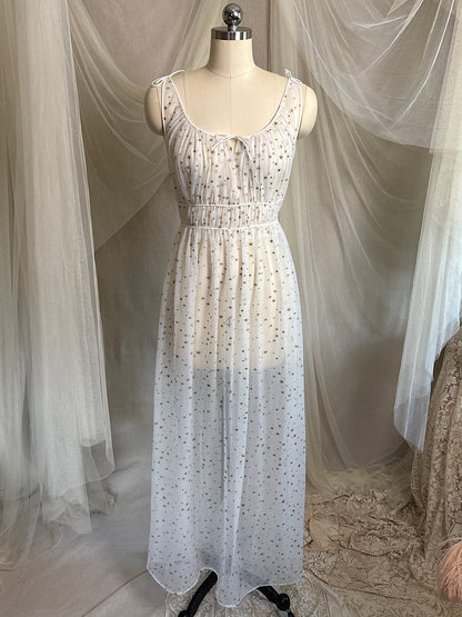 Vintage 1950's Nightgown & Peignoir Set - Sheer White Nylon Chiffon with Gold Stars by Carter's | XS, S