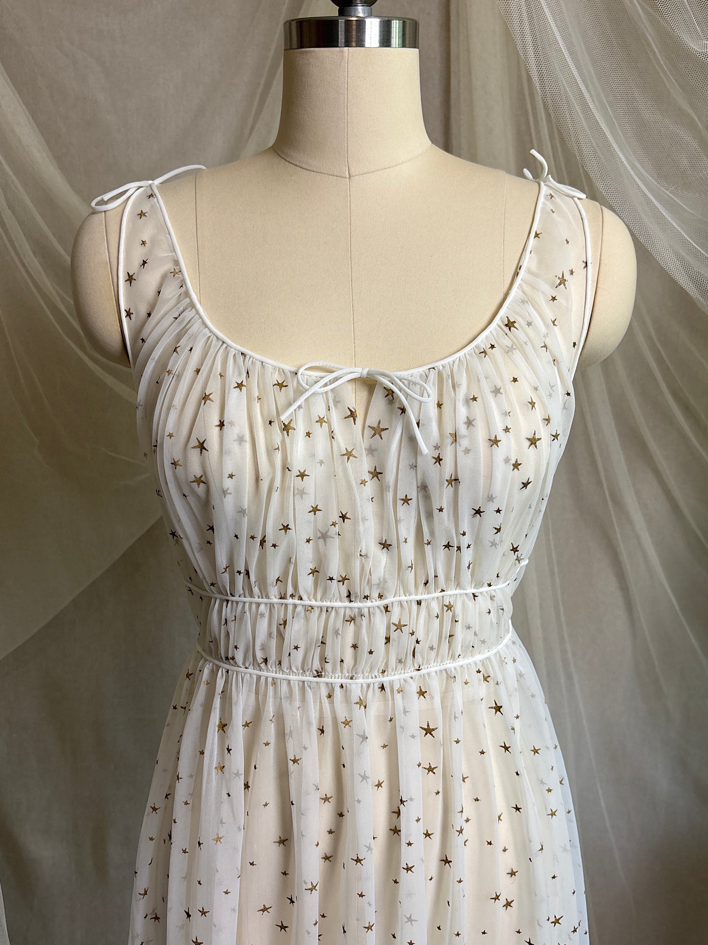 Vintage 1950's Nightgown & Peignoir Set - Sheer White Nylon Chiffon with Gold Stars by Carter's | XS, S