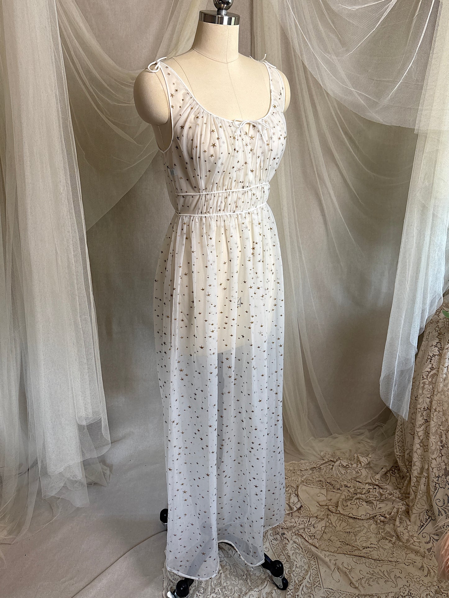 Vintage 1950's Nightgown & Peignoir Set - Sheer White Nylon Chiffon with Gold Stars by Carter's | XS, S
