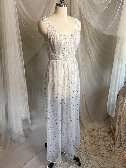 Vintage 1950's Nightgown & Peignoir Set - Sheer White Nylon Chiffon with Gold Stars by Carter's | XS, S
