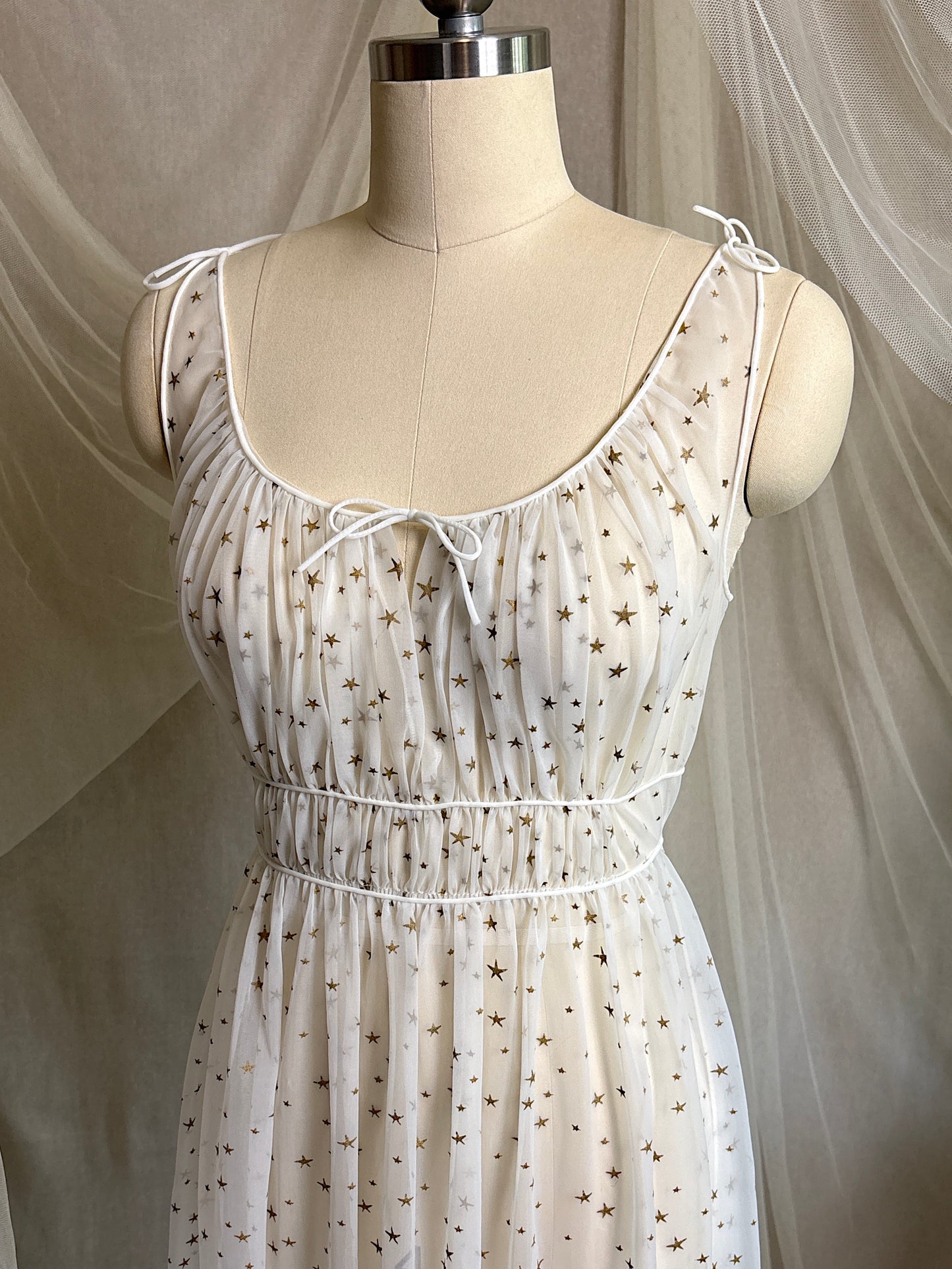 Vintage 1950's Nightgown & Peignoir Set - Sheer White Nylon Chiffon with Gold Stars by Carter's | XS, S