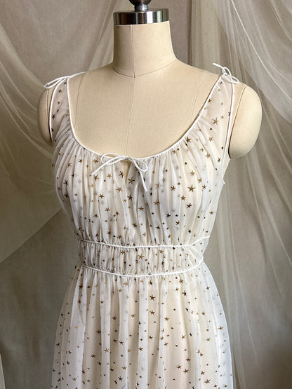 Vintage 1950's Nightgown & Peignoir Set - Sheer White Nylon Chiffon with Gold Stars by Carter's | XS, S
