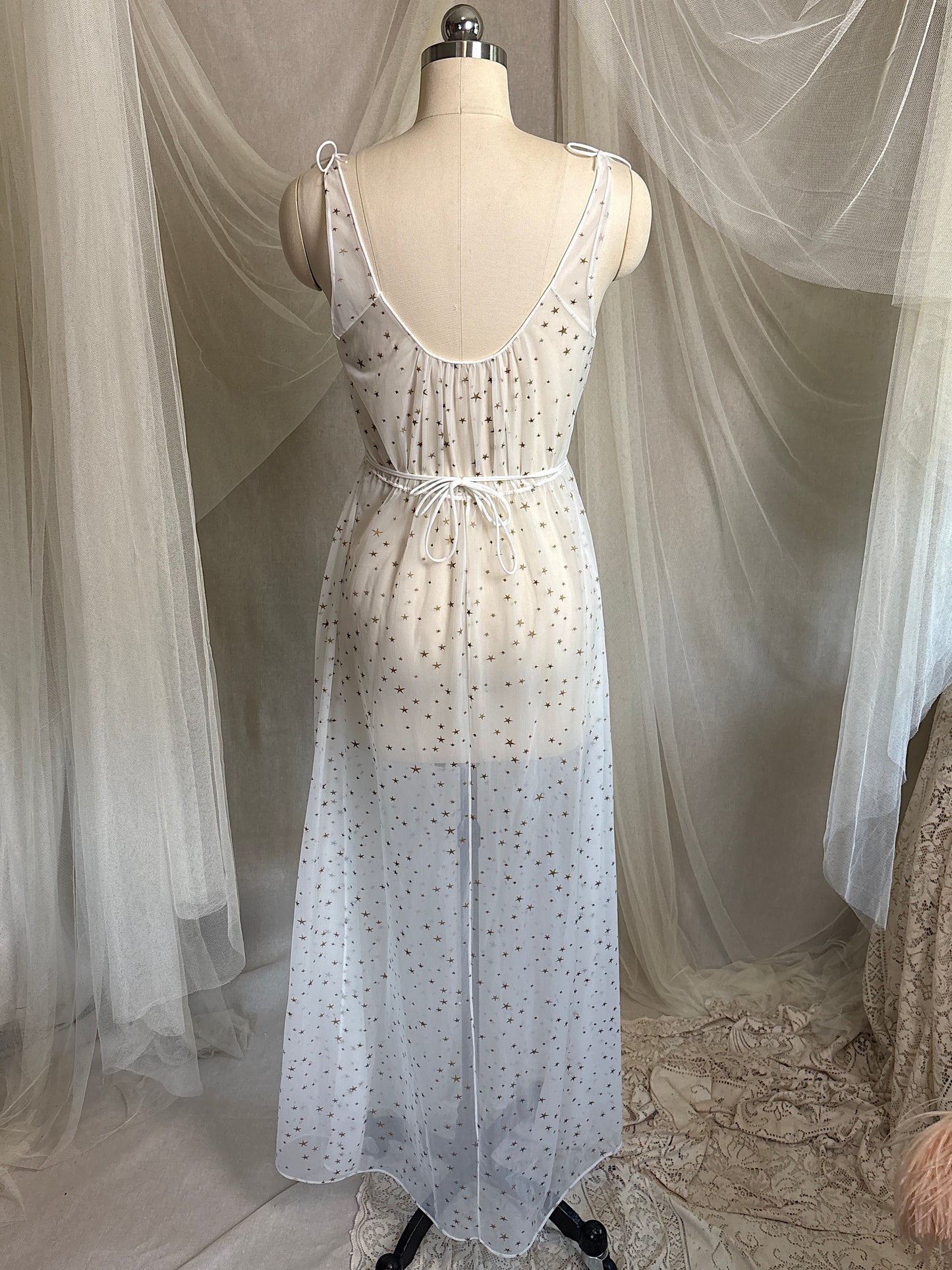 Vintage 1950's Nightgown & Peignoir Set - Sheer White Nylon Chiffon with Gold Stars by Carter's | XS, S