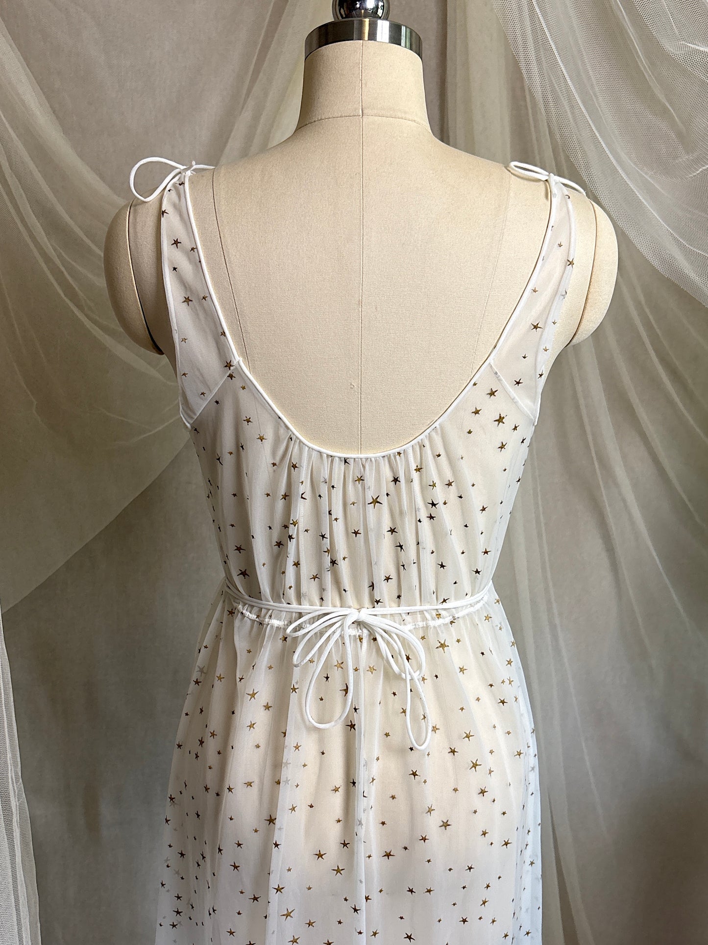 Vintage 1950's Nightgown & Peignoir Set - Sheer White Nylon Chiffon with Gold Stars by Carter's | XS, S