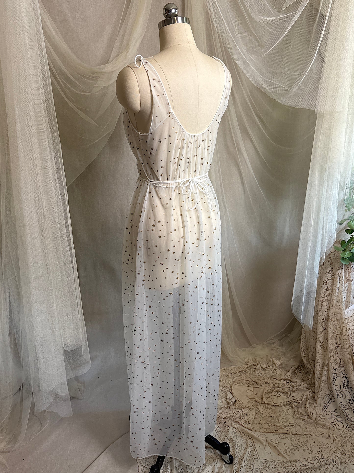 Vintage 1950's Nightgown & Peignoir Set - Sheer White Nylon Chiffon with Gold Stars by Carter's | XS, S