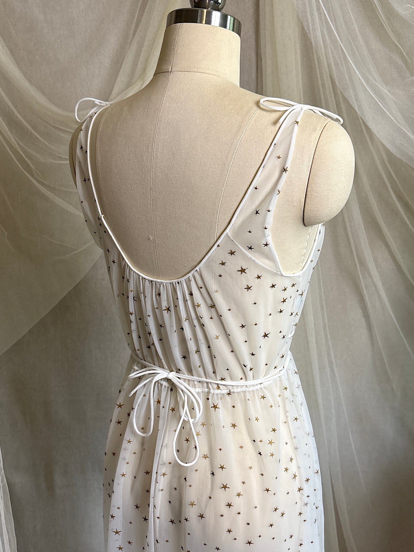 Vintage 1950's Nightgown & Peignoir Set - Sheer White Nylon Chiffon with Gold Stars by Carter's | XS, S
