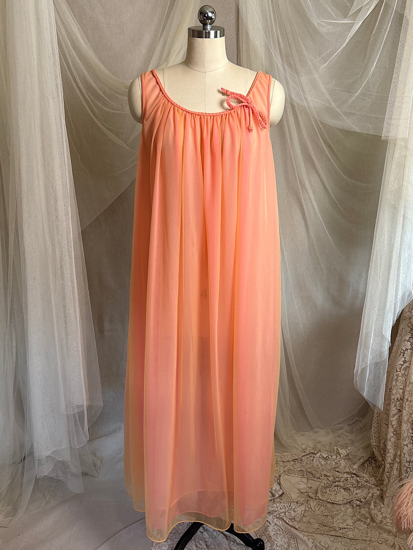 Vintage 1960's Nightgown & Peignoir Set - Multi-tone Tangerine Nylon Chiffon by Molyclaire | M, LG