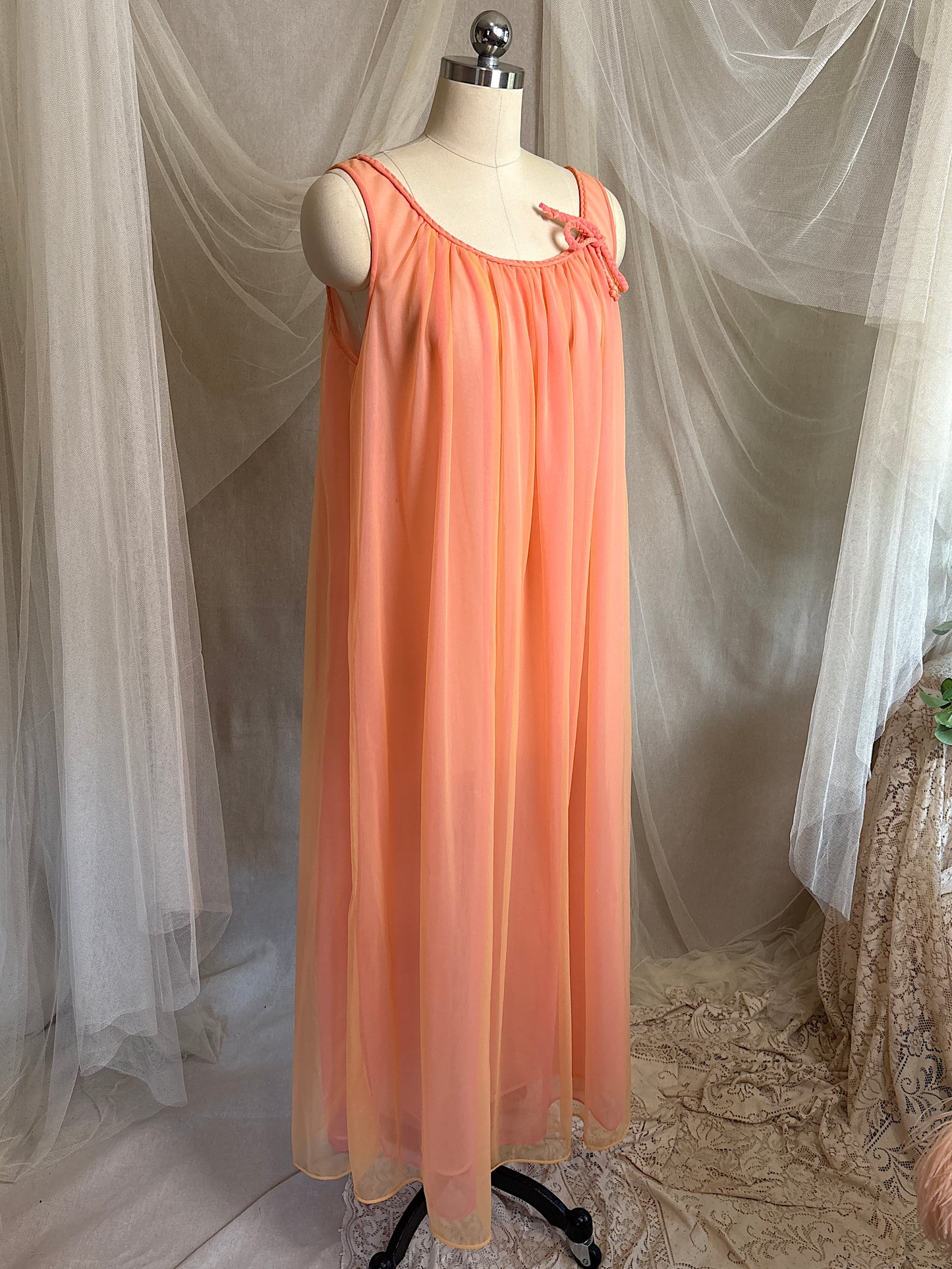 Vintage 1960's Nightgown & Peignoir Set - Multi-tone Tangerine Nylon Chiffon by Molyclaire | M, LG