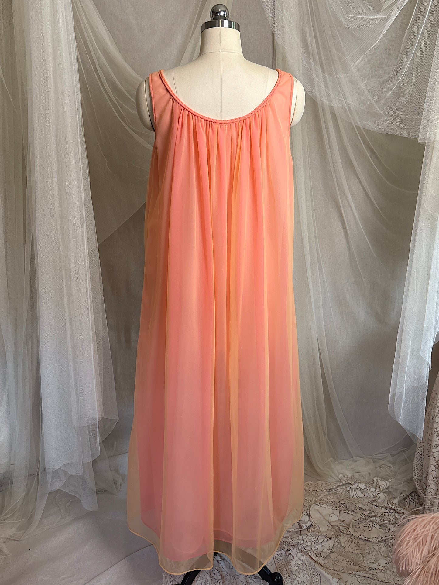 Vintage 1960's Nightgown & Peignoir Set - Multi-tone Tangerine Nylon Chiffon by Molyclaire | M, LG