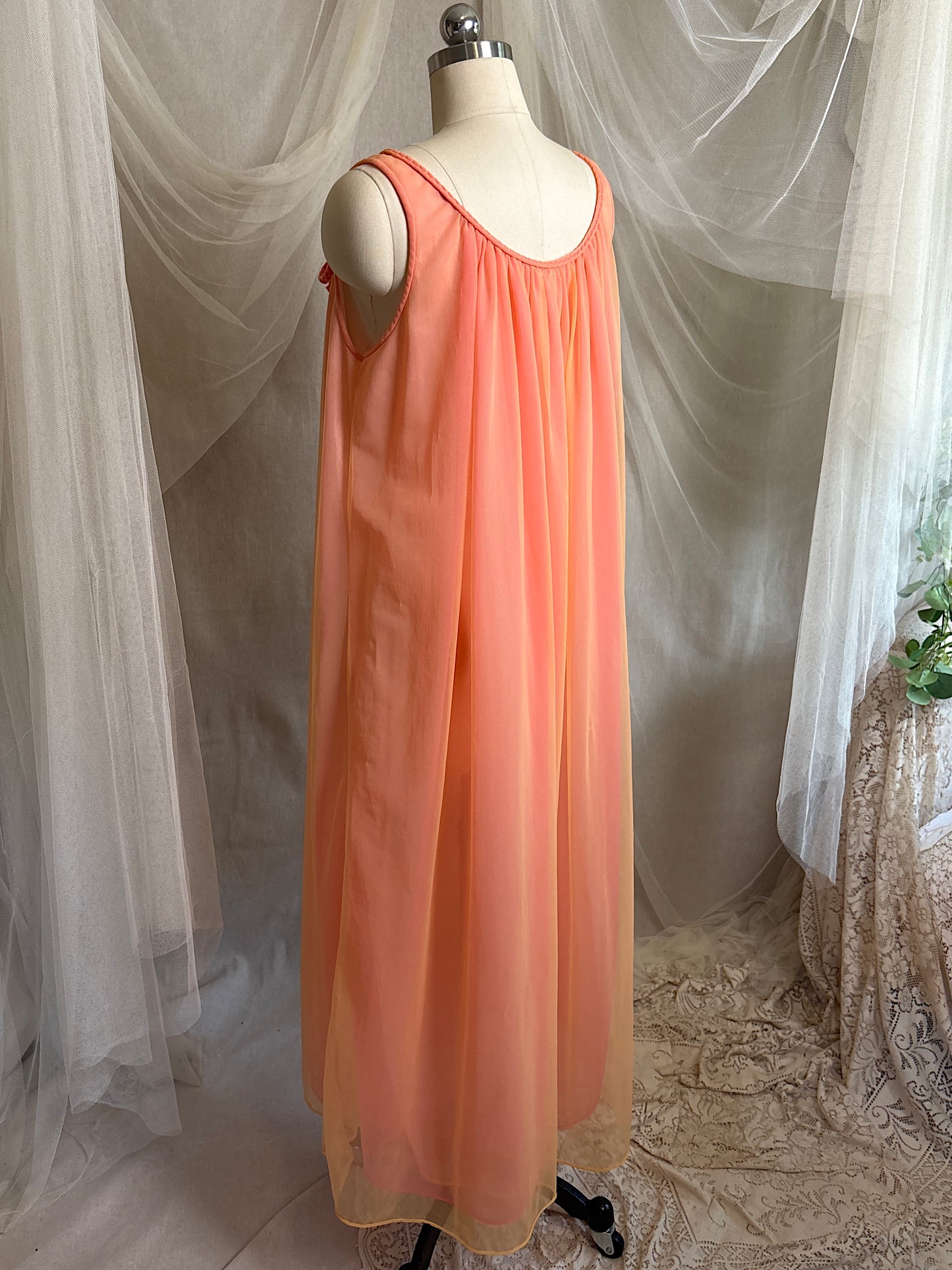 Vintage 1960's Nightgown & Peignoir Set - Multi-tone Tangerine Nylon Chiffon by Molyclaire | M, LG