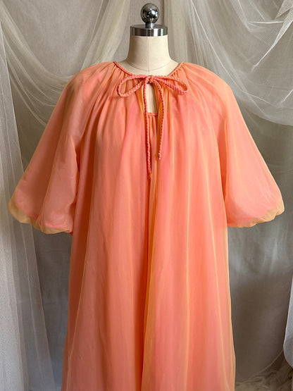 Vintage 1960's Nightgown & Peignoir Set - Multi-tone Tangerine Nylon Chiffon by Molyclaire | M, LG