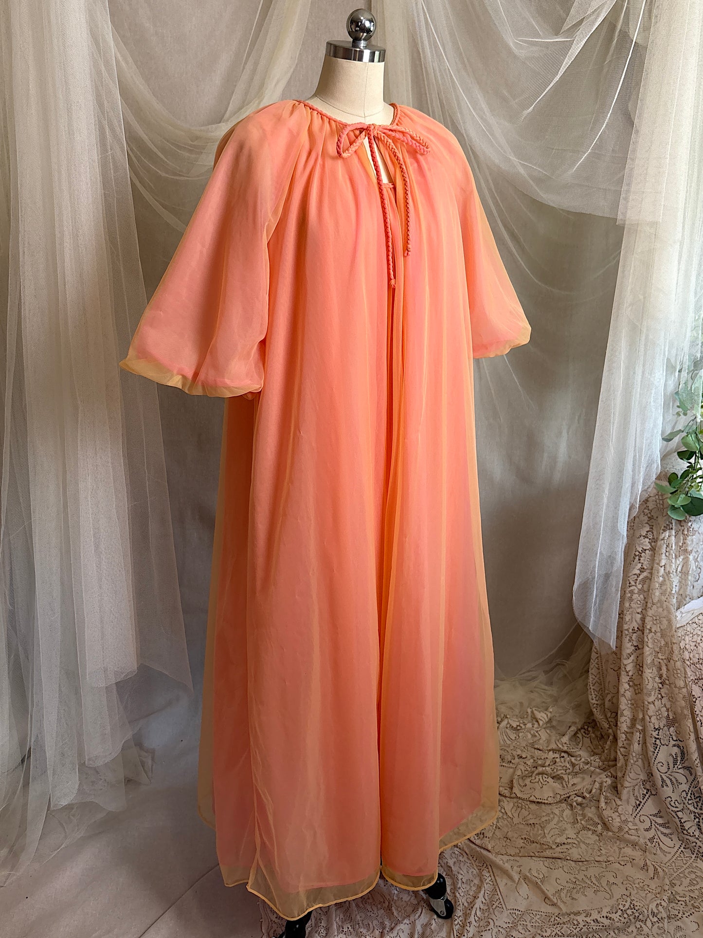 Vintage 1960's Nightgown & Peignoir Set - Multi-tone Tangerine Nylon Chiffon by Molyclaire | M, LG