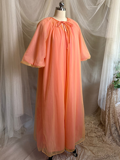 Vintage 1960's Nightgown & Peignoir Set - Multi-tone Tangerine Nylon Chiffon by Molyclaire | M, LG