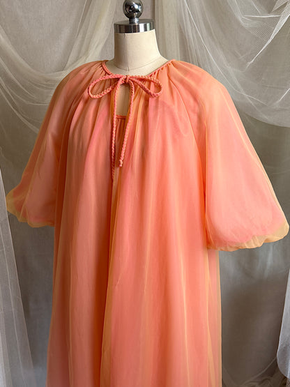 Vintage 1960's Nightgown & Peignoir Set - Multi-tone Tangerine Nylon Chiffon by Molyclaire | M, LG