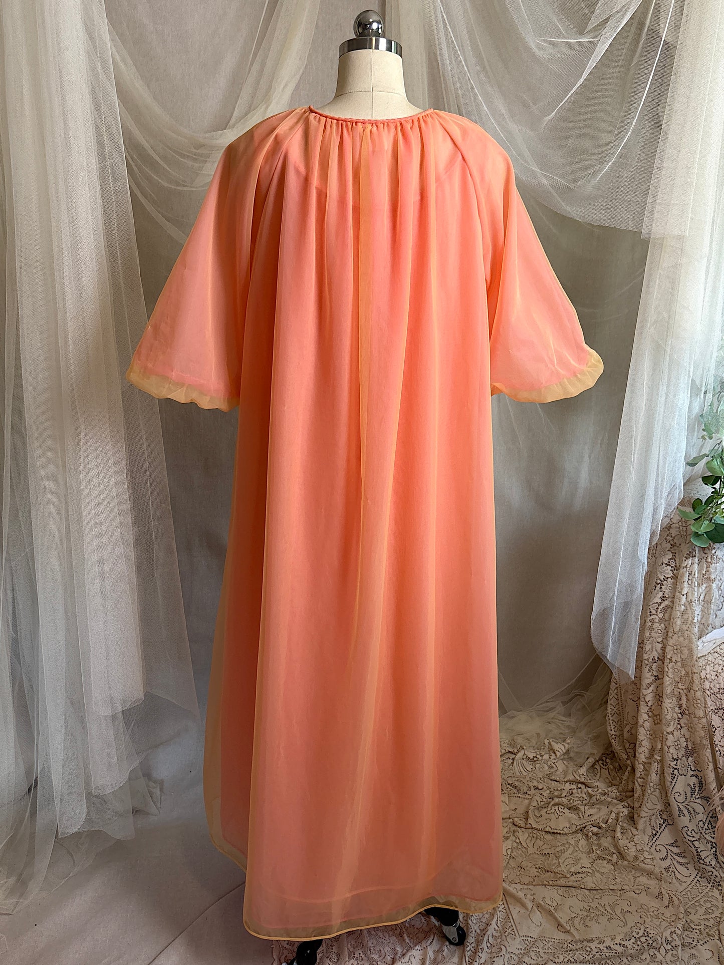 Vintage 1960's Nightgown & Peignoir Set - Multi-tone Tangerine Nylon Chiffon by Molyclaire | M, LG