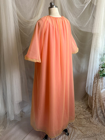 Vintage 1960's Nightgown & Peignoir Set - Multi-tone Tangerine Nylon Chiffon by Molyclaire | M, LG