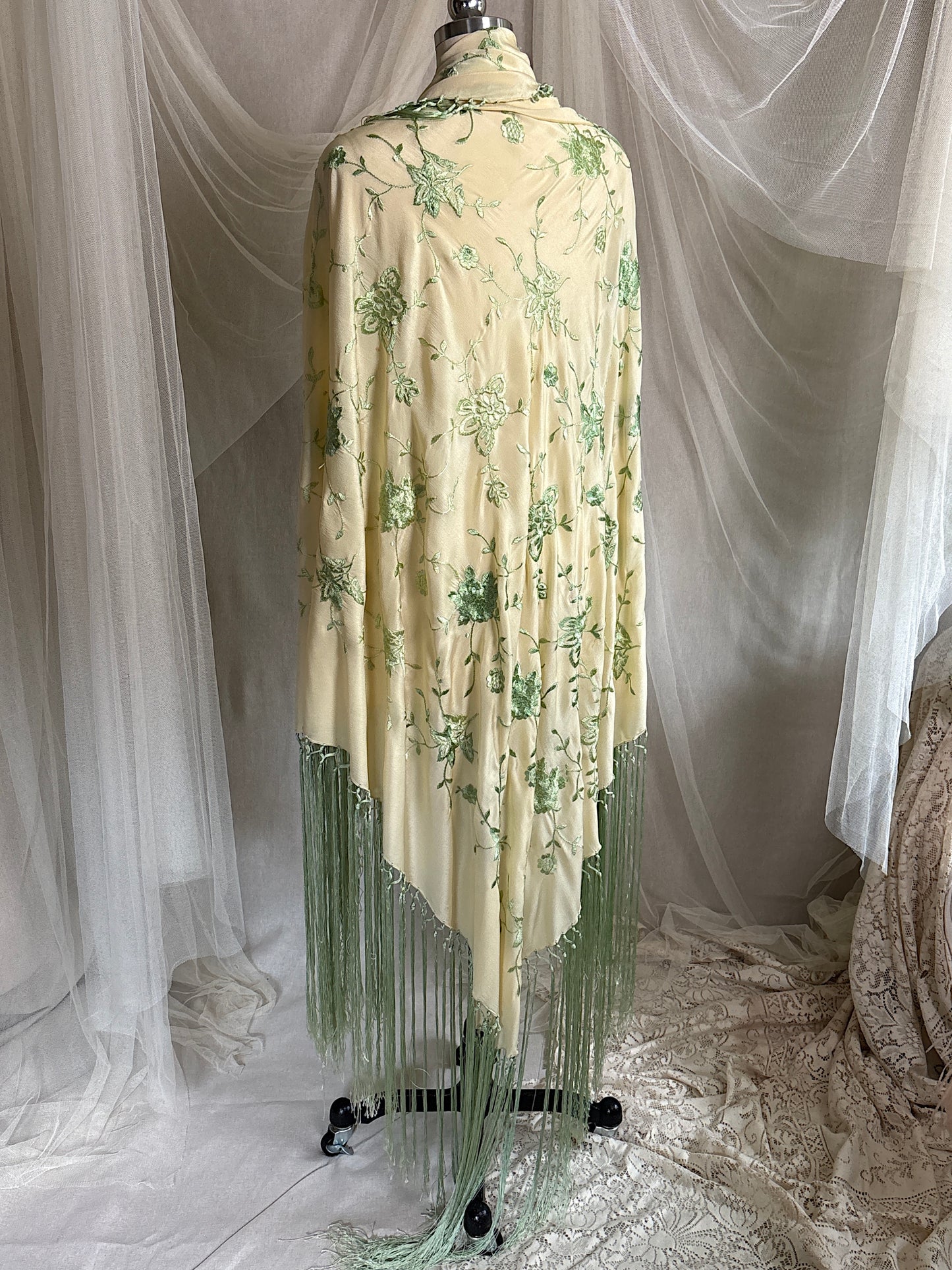 Antique 1920's Canton de Manila Shawl - Palaest Green Silk with Raised Floral Embroidery | 85x85 inches