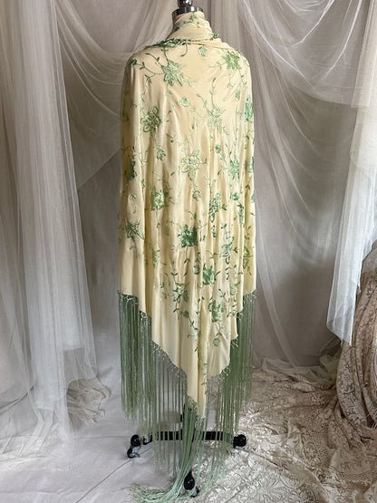 Antique 1920's Canton de Manila Shawl - Palaest Green Silk with Raised Floral Embroidery | 85x85 inches