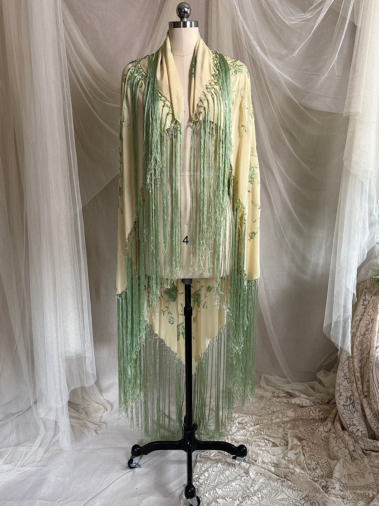 Antique 1920's Canton de Manila Shawl - Palaest Green Silk with Raised Floral Embroidery | 85x85 inches