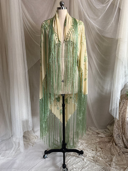 Antique 1920's Canton de Manila Shawl - Palaest Green Silk with Raised Floral Embroidery | 85x85 inches