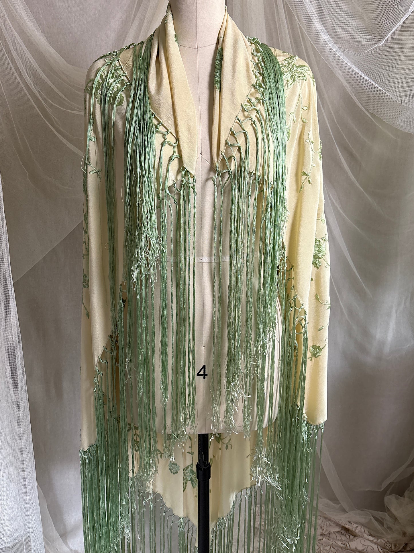 Antique 1920's Canton de Manila Shawl - Palaest Green Silk with Raised Floral Embroidery | 85x85 inches