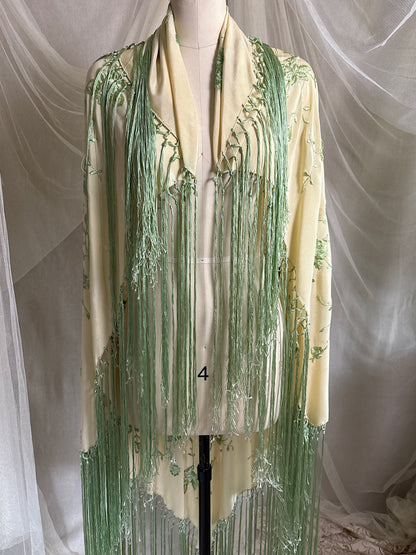 Antique 1920's Canton de Manila Shawl - Palaest Green Silk with Raised Floral Embroidery | 85x85 inches