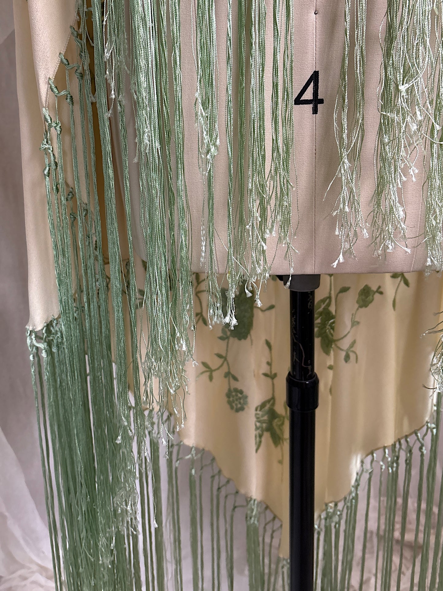Antique 1920's Canton de Manila Shawl - Palaest Green Silk with Raised Floral Embroidery | 85x85 inches