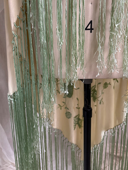 Antique 1920's Canton de Manila Shawl - Palaest Green Silk with Raised Floral Embroidery | 85x85 inches