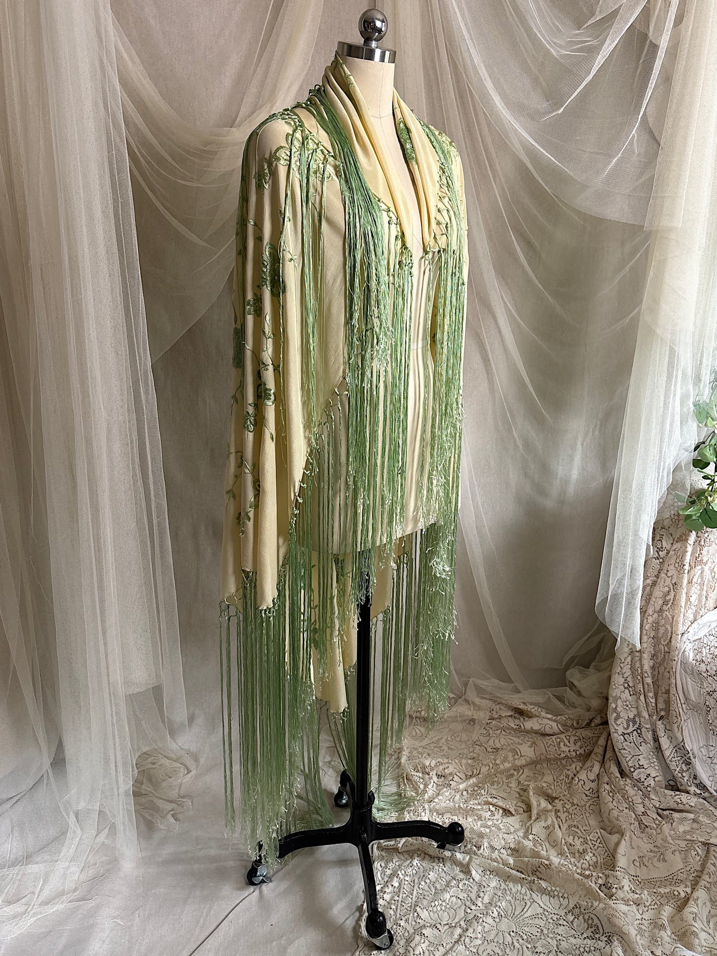 Antique 1920's Canton de Manila Shawl - Palaest Green Silk with Raised Floral Embroidery | 85x85 inches