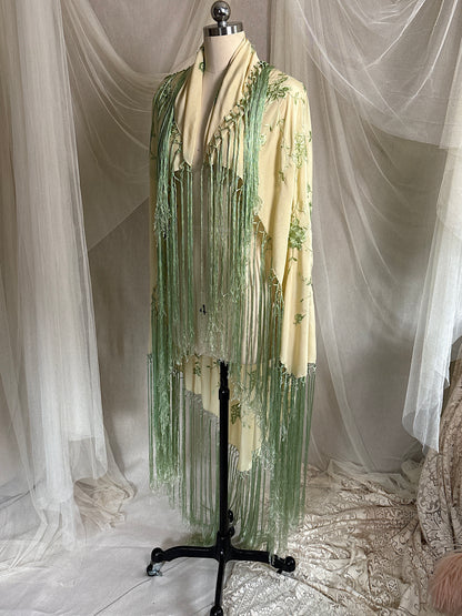 Antique 1920's Canton de Manila Shawl - Palaest Green Silk with Raised Floral Embroidery | 85x85 inches