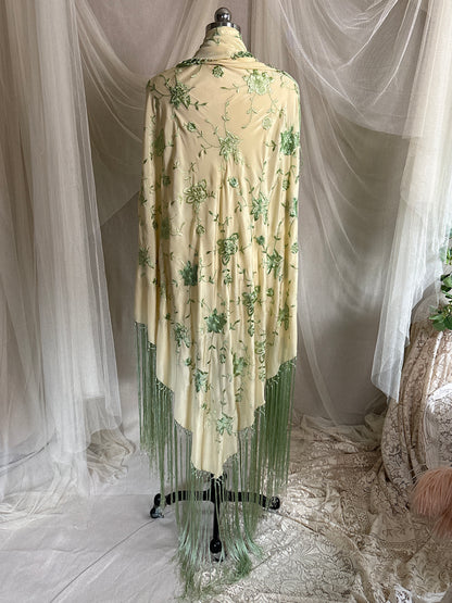 Antique 1920's Canton de Manila Shawl - Palaest Green Silk with Raised Floral Embroidery | 85x85 inches