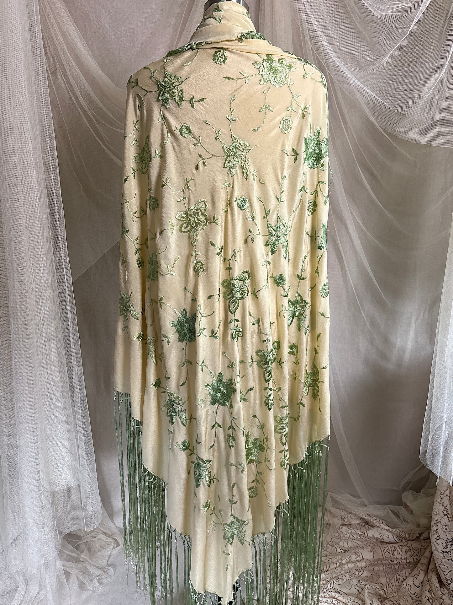Antique 1920's Canton de Manila Shawl - Palaest Green Silk with Raised Floral Embroidery | 85x85 inches