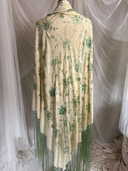 Antique 1920's Canton de Manila Shawl - Palaest Green Silk with Raised Floral Embroidery | 85x85 inches