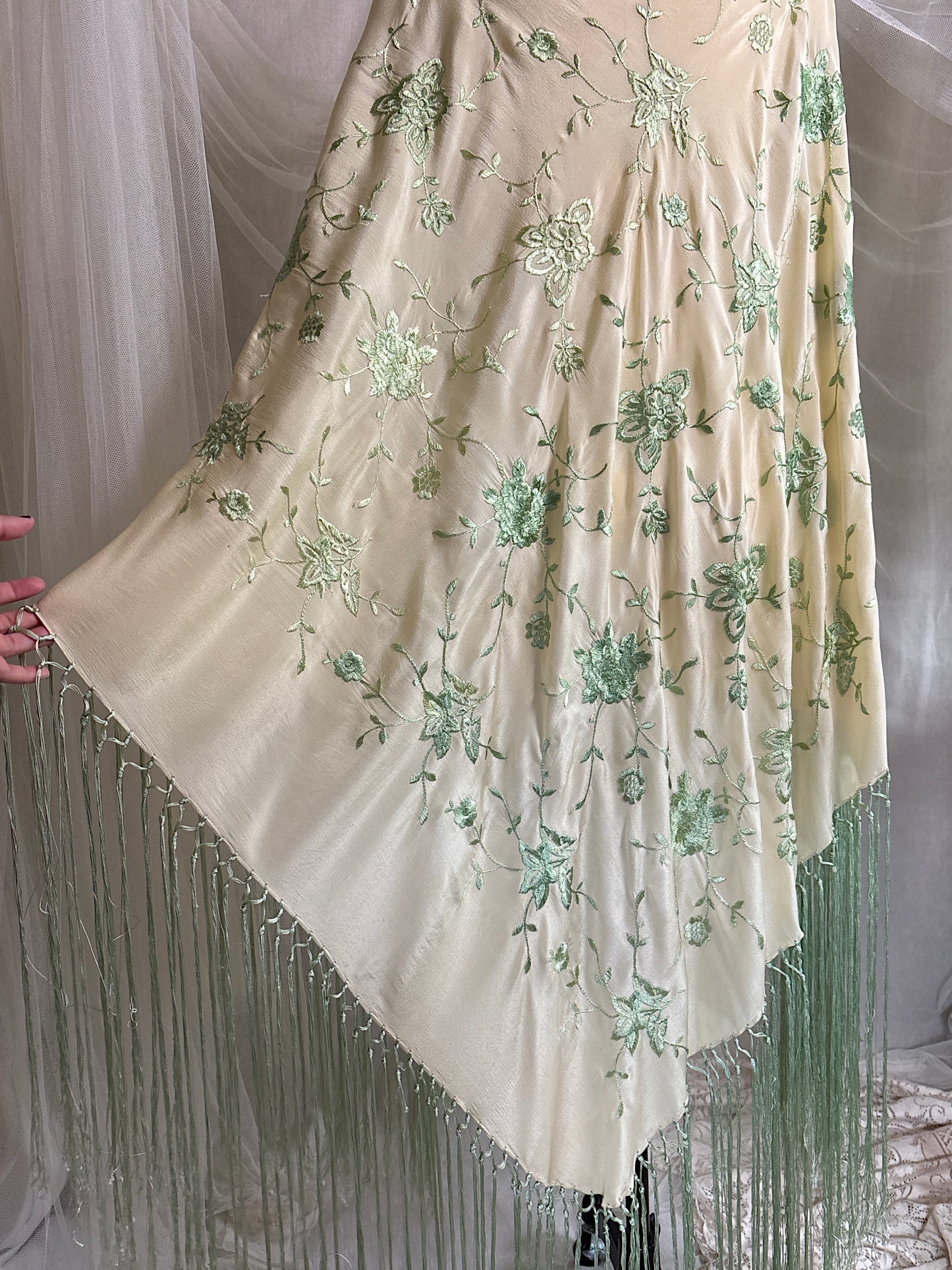 Antique 1920's Canton de Manila Shawl - Palaest Green Silk with Raised Floral Embroidery | 85x85 inches