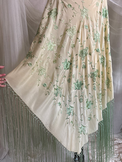 Antique 1920's Canton de Manila Shawl - Palaest Green Silk with Raised Floral Embroidery | 85x85 inches