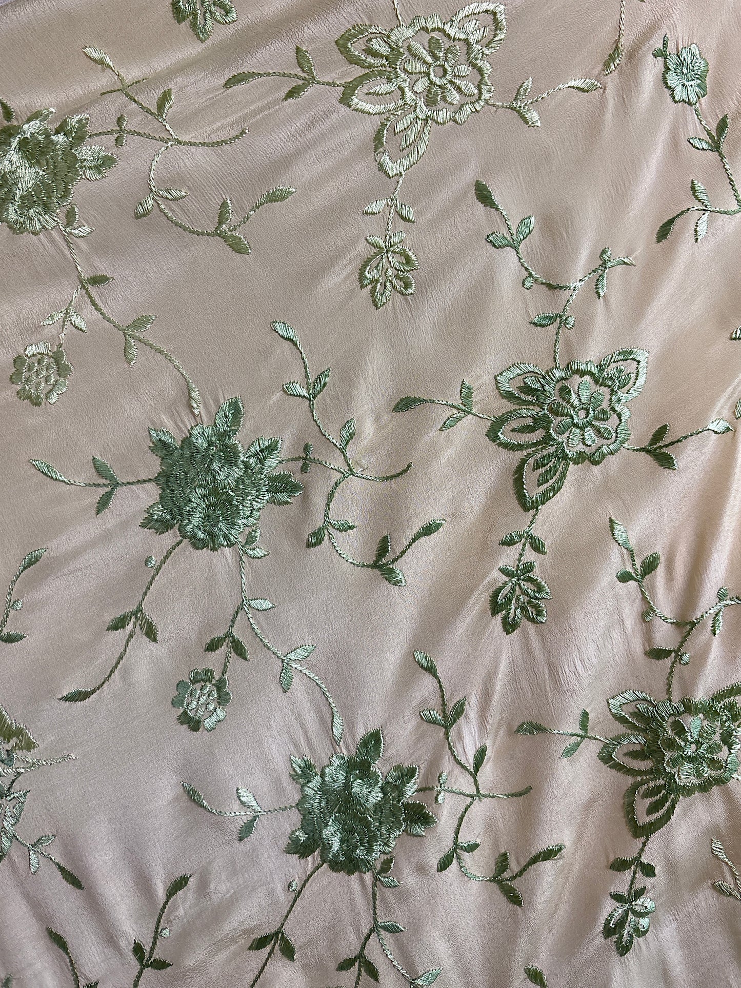 Antique 1920's Canton de Manila Shawl - Palaest Green Silk with Raised Floral Embroidery | 85x85 inches