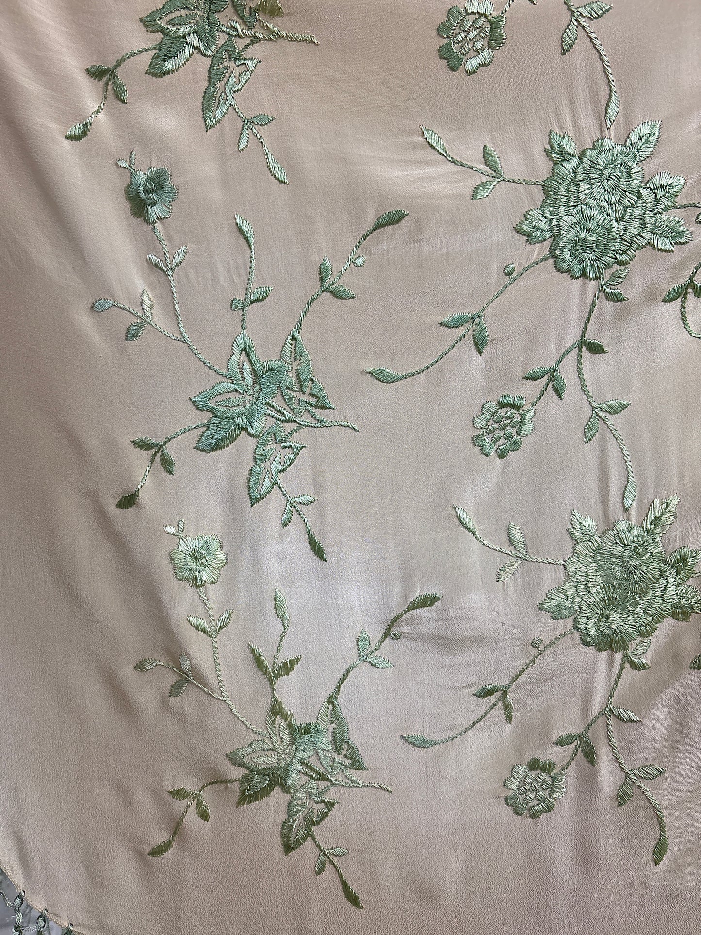 Antique 1920's Canton de Manila Shawl - Palaest Green Silk with Raised Floral Embroidery | 85x85 inches