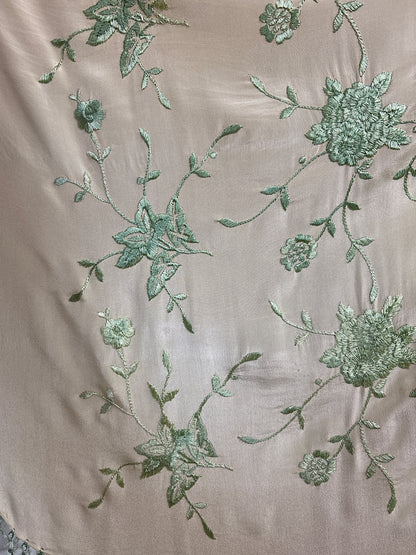 Antique 1920's Canton de Manila Shawl - Palaest Green Silk with Raised Floral Embroidery | 85x85 inches