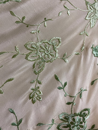 Antique 1920's Canton de Manila Shawl - Palaest Green Silk with Raised Floral Embroidery | 85x85 inches